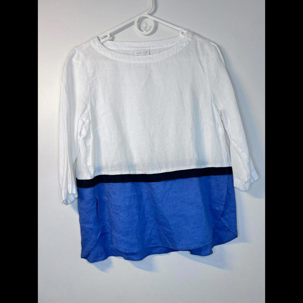 J. Jill 100% Linen Block color White and‎ Blue top in Women's size S